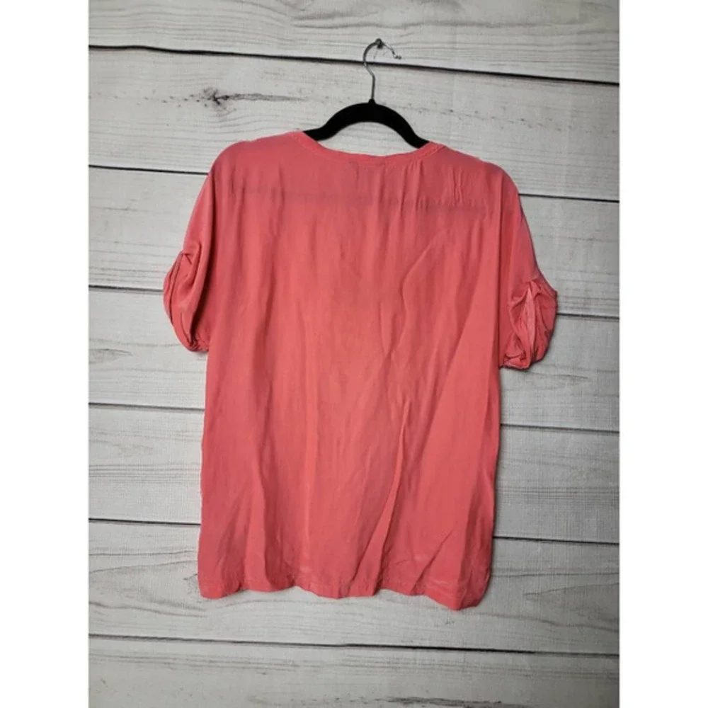 7 For All Mankind Womens T-Shirt Pink Short Sleeve Roll Tab Scoop Neck Stretch M - Picture 2 of 6